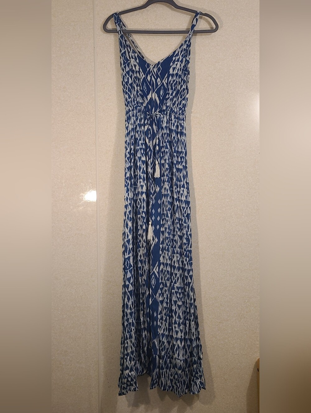 JAPNA_Blue Ikat Maxi Dress with Tassel Tie